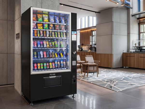 Snack and beverage vending machine in a bright shared interior